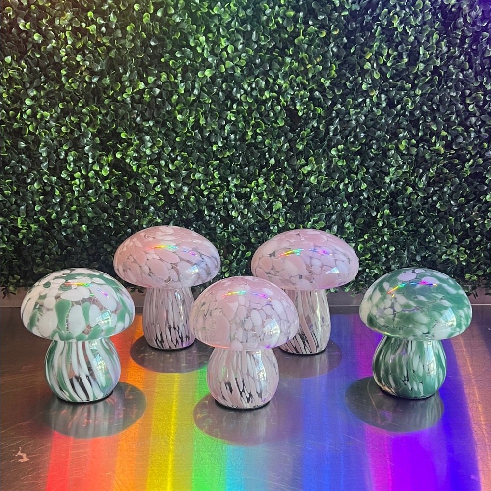 Handblown Glass Mushroom Decor - Green & White (Set of 5)